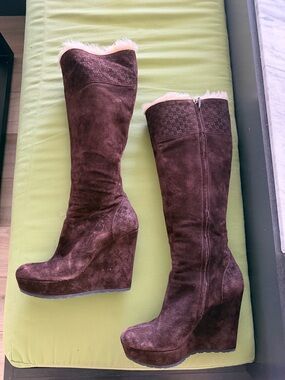 Gucci Brown Suede Wedge Knee Boots with Shearling Trim
